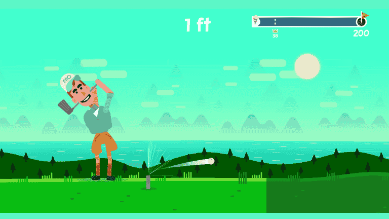 Golf Orbit gameplay showing a quirky golfer hitting a ball across a vibrant world, aiming for record-breaking distances.