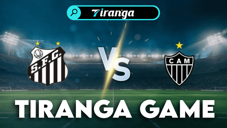 A football match moment featuring Santos and Atlético Mineiro, alongside a colorful Tiranga Game screen.